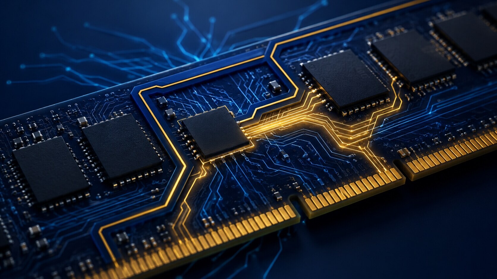 Computer memory module with illuminated data pathways representing petition-bound PTAB review in Netlist v. Micron.