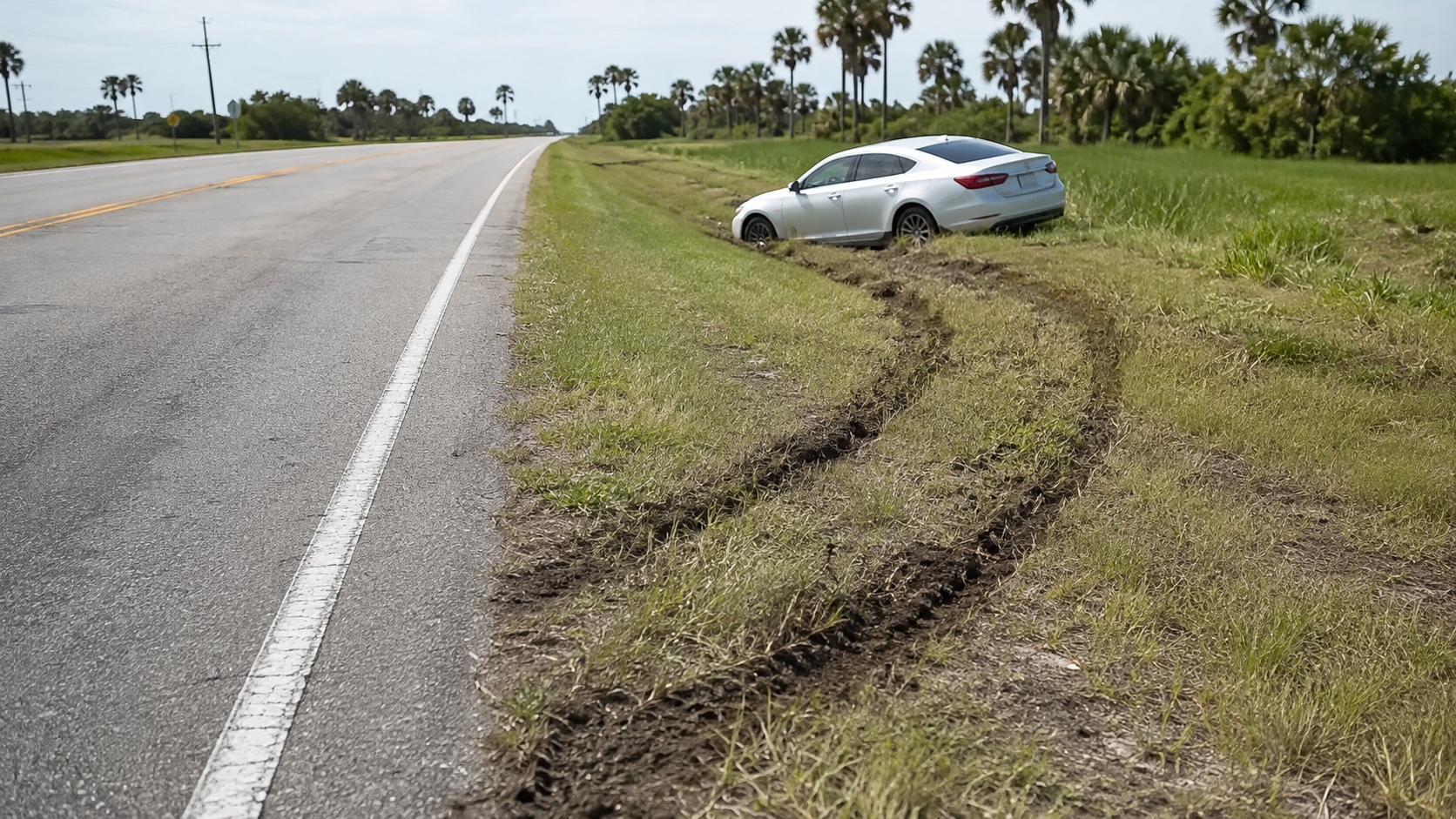 Overcorrection accident claim evidence showing tire tracks leading from a Florida road to an unbranded car