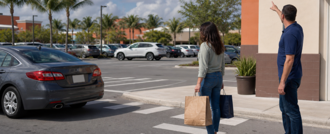 Pedestrian and driver identifying security-camera evidence after a Florida parking lot accident