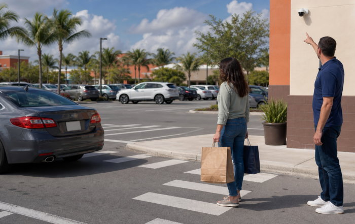 Pedestrian and driver identifying security-camera evidence after a Florida parking lot accident