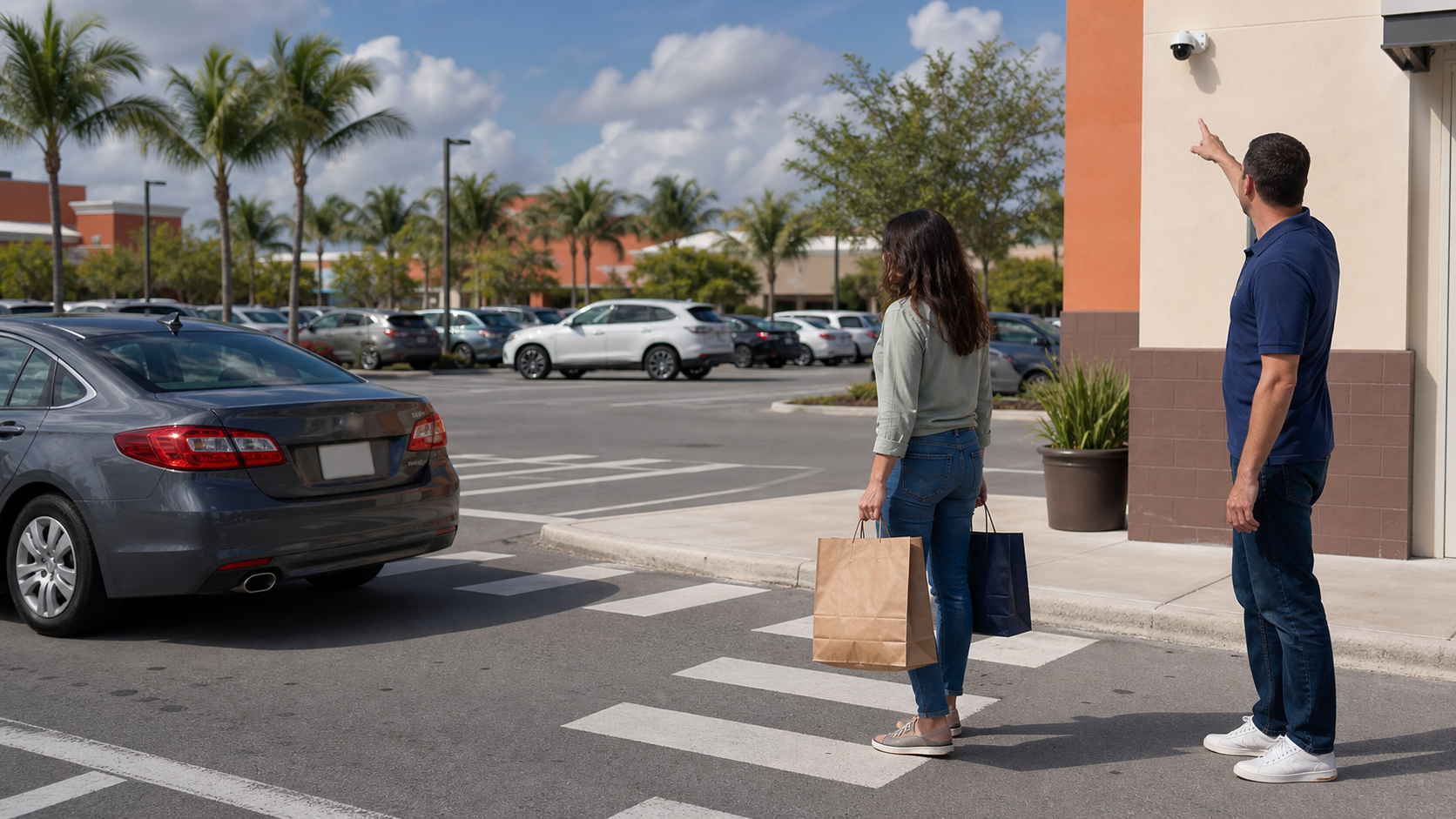 Pedestrian and driver identifying security-camera evidence after a Florida parking lot accident