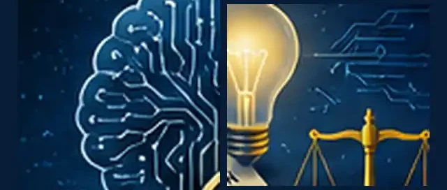 Editorial illustration of AI circuitry and a lightbulb representing human invention assisted by artificial intelligence.