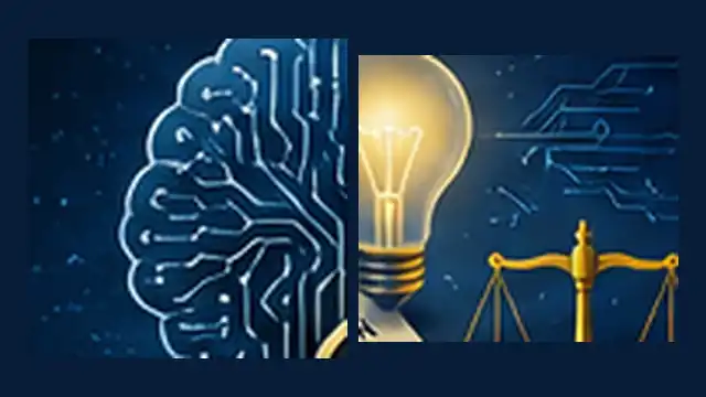 Editorial illustration of AI circuitry and a lightbulb representing human invention assisted by artificial intelligence.