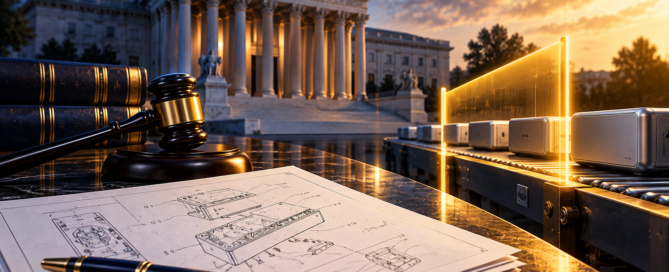 Patent drawings, a courthouse, and a golden barrier stopping products to illustrate a patent infringement injunction.