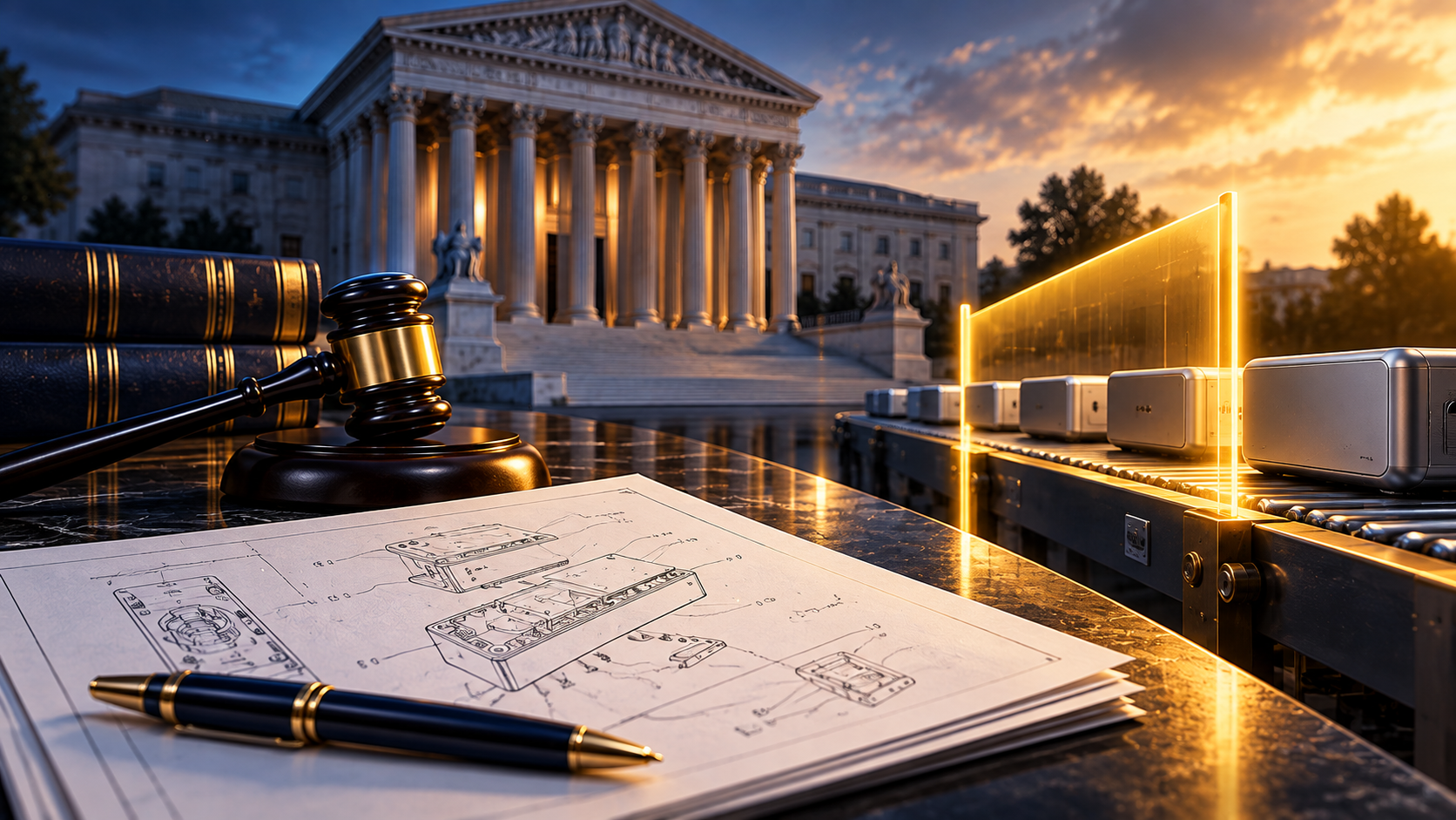 Patent drawings, a courthouse, and a golden barrier stopping products to illustrate a patent infringement injunction.