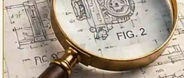 Editorial illustration of a patent drawing under a magnifying glass, representing Federal Circuit patent litigation and claim analysis.