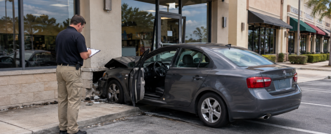 Pedal misapplication accident claim scene with an investigator documenting an unbranded car at a storefront curb