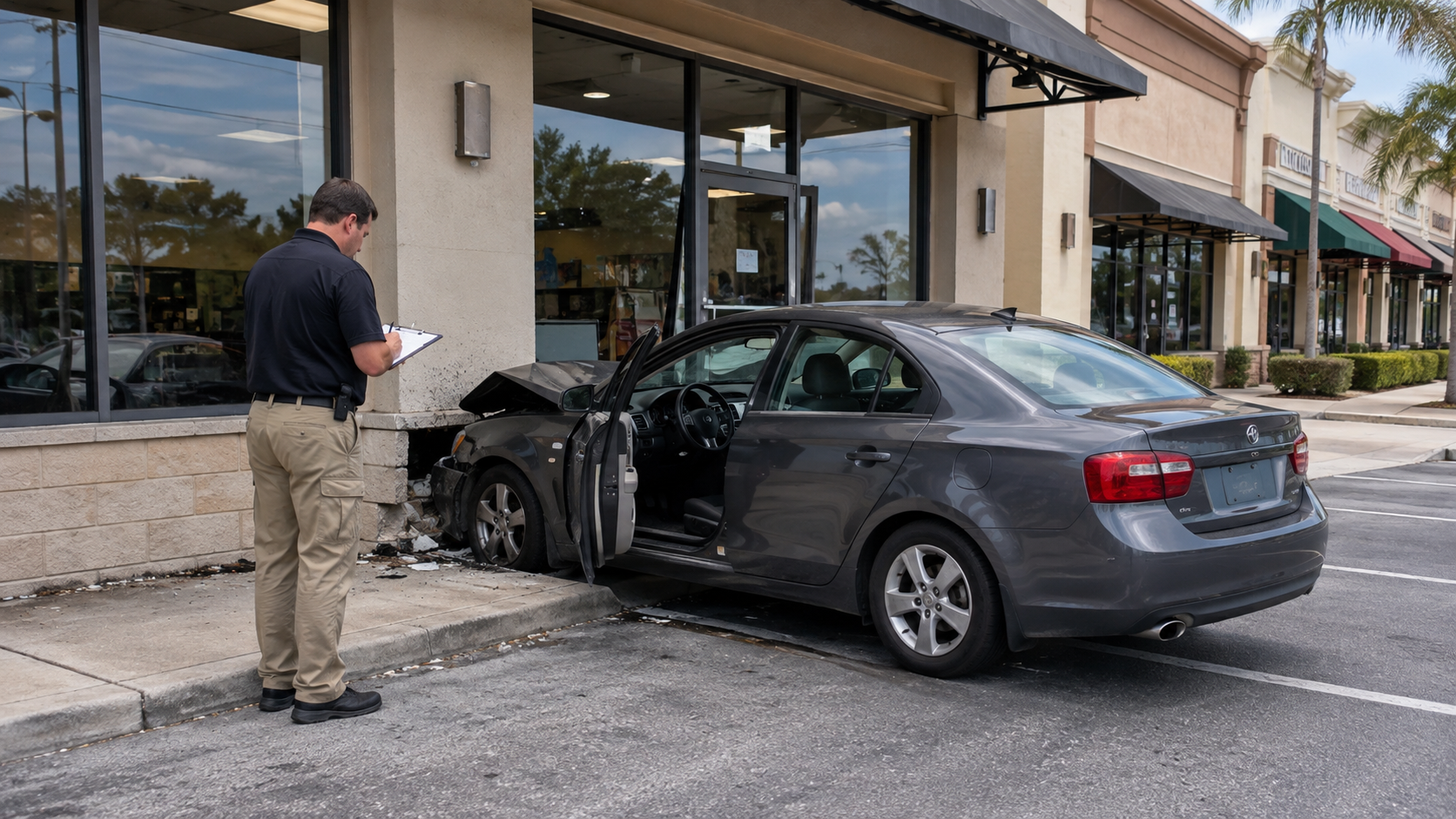 Pedal misapplication accident claim scene with an investigator documenting an unbranded car at a storefront curb