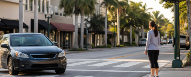 crosswalk accident claim — pedestrian waiting at a marked crosswalk while a car stops on a Florida street