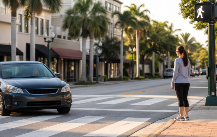 crosswalk accident claim — pedestrian waiting at a marked crosswalk while a car stops on a Florida street