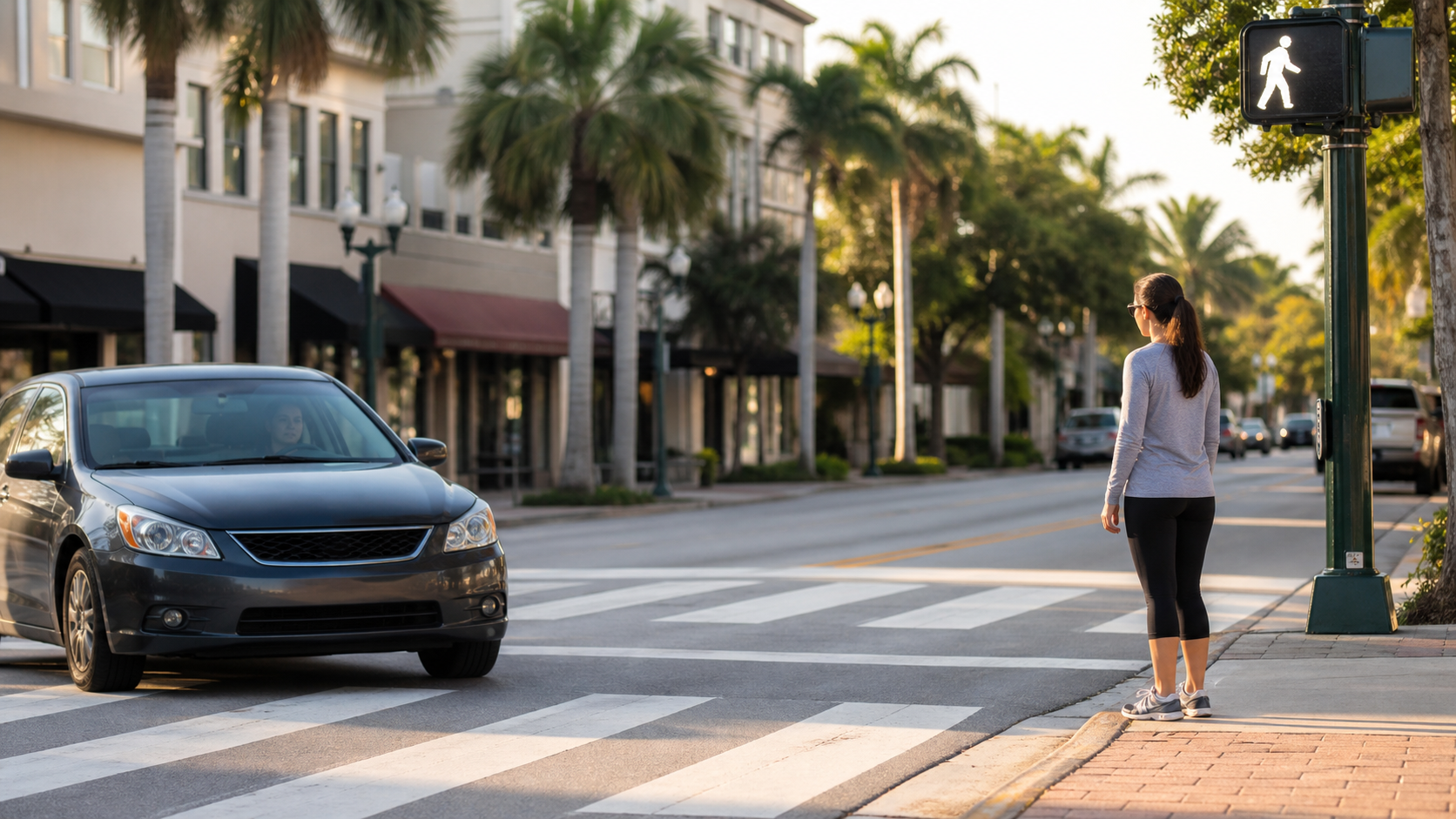 crosswalk accident claim — pedestrian waiting at a marked crosswalk while a car stops on a Florida street