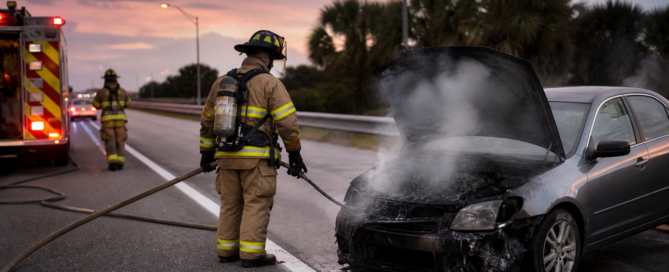 Post-collision vehicle fire claim scene with firefighters beside an extinguished unbranded car