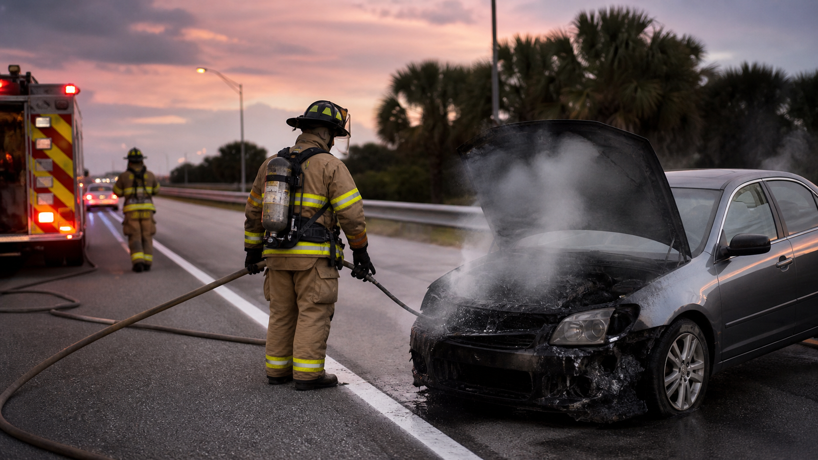 Post-collision vehicle fire claim scene with firefighters beside an extinguished unbranded car