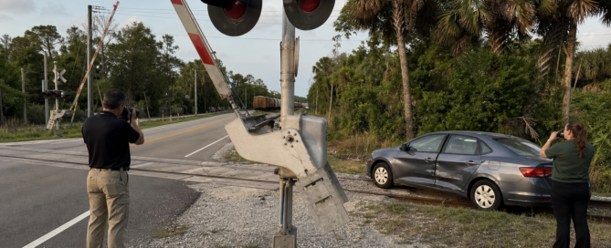 Railroad crossing accident claim scene with investigators, a damaged car, and crossing equipment