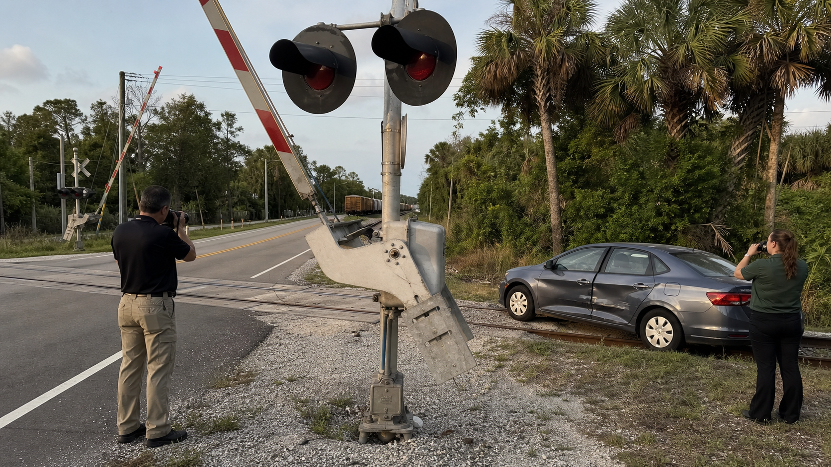 Railroad crossing accident claim scene with investigators, a damaged car, and crossing equipment
