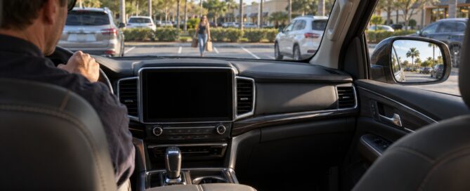 Driver reversing in a Florida parking lot while the vehicle's rearview camera display remains black