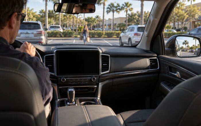 Driver reversing in a Florida parking lot while the vehicle's rearview camera display remains black