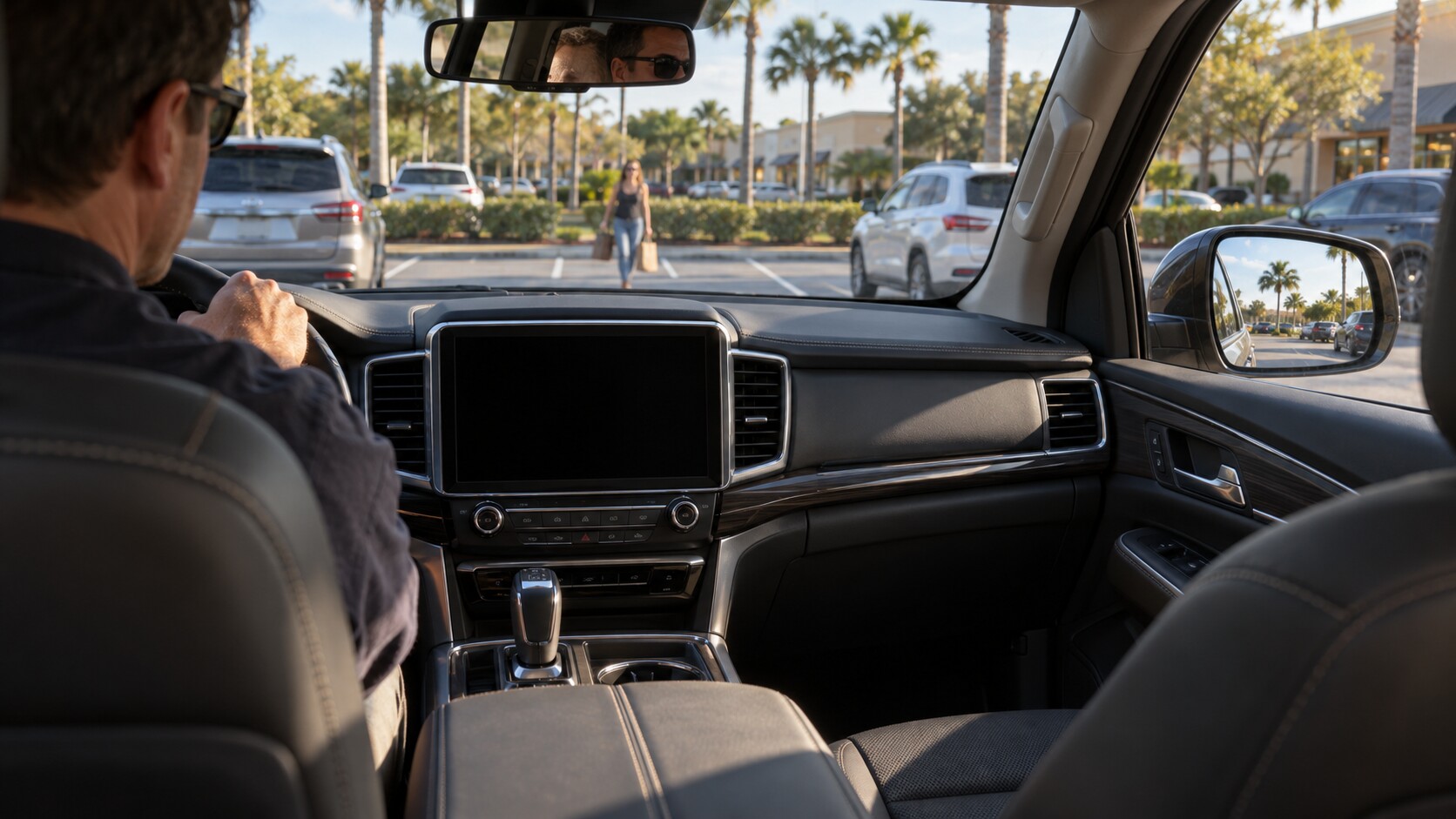 Driver reversing in a Florida parking lot while the vehicle's rearview camera display remains black