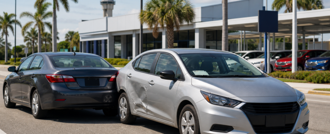 rental car accident claim — two mildly damaged rental-style cars near a Florida airport rental facility