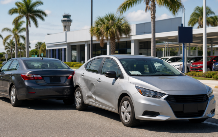 rental car accident claim — two mildly damaged rental-style cars near a Florida airport rental facility