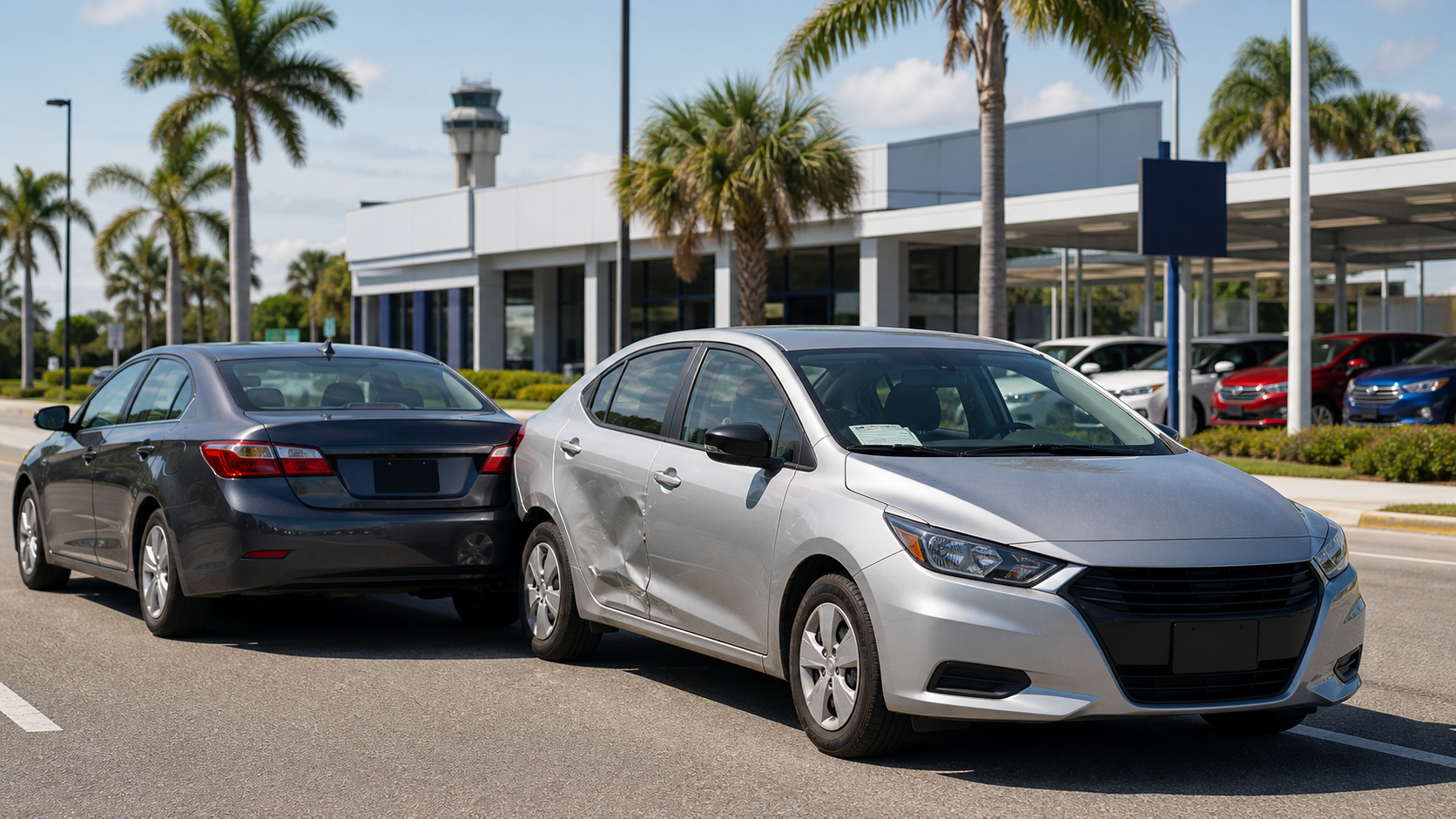 rental car accident claim — two mildly damaged rental-style cars near a Florida airport rental facility