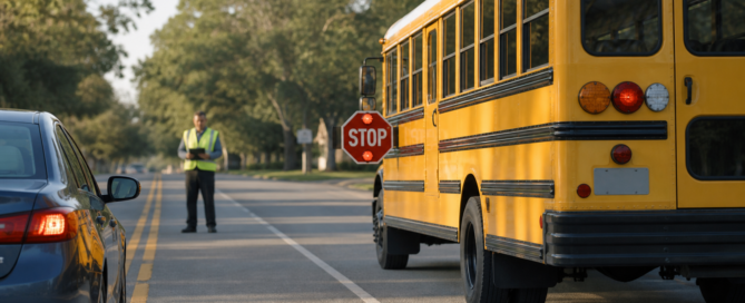 School bus accident claim scene with a stopped bus, extended stop arm, and nearby car