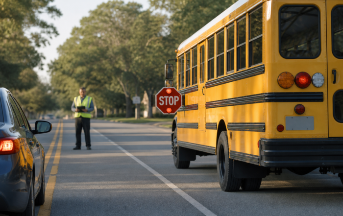 School bus accident claim scene with a stopped bus, extended stop arm, and nearby car