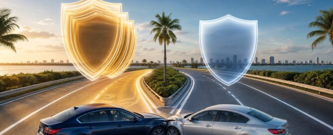 Two Florida roadways with layered and single protective shields illustrating stacked and non-stacked uninsured motorist coverage.