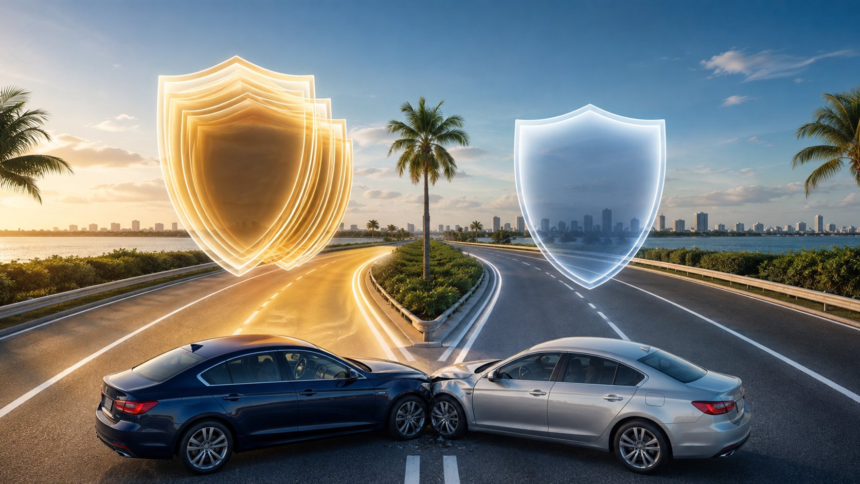 Two Florida roadways with layered and single protective shields illustrating stacked and non-stacked uninsured motorist coverage.