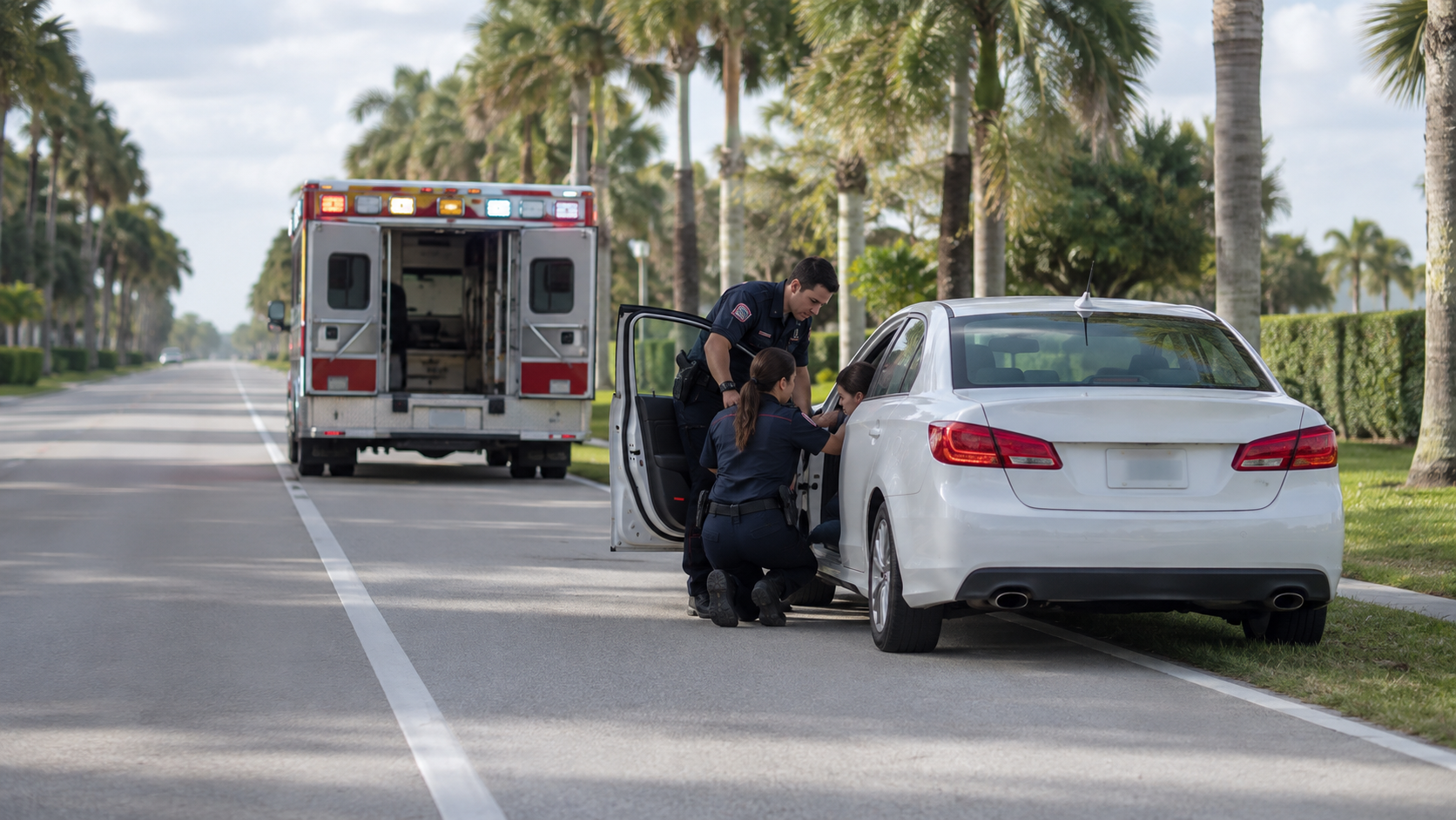 Sudden medical emergency crash claim scene with paramedics assisting a driver beside an unbranded car