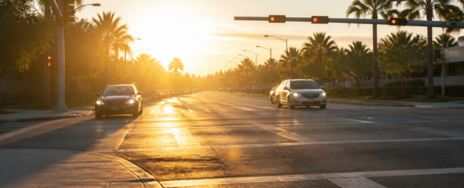 Sun glare accident claim scene at a bright Florida intersection during sunrise