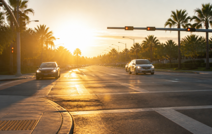 Sun glare accident claim scene at a bright Florida intersection during sunrise