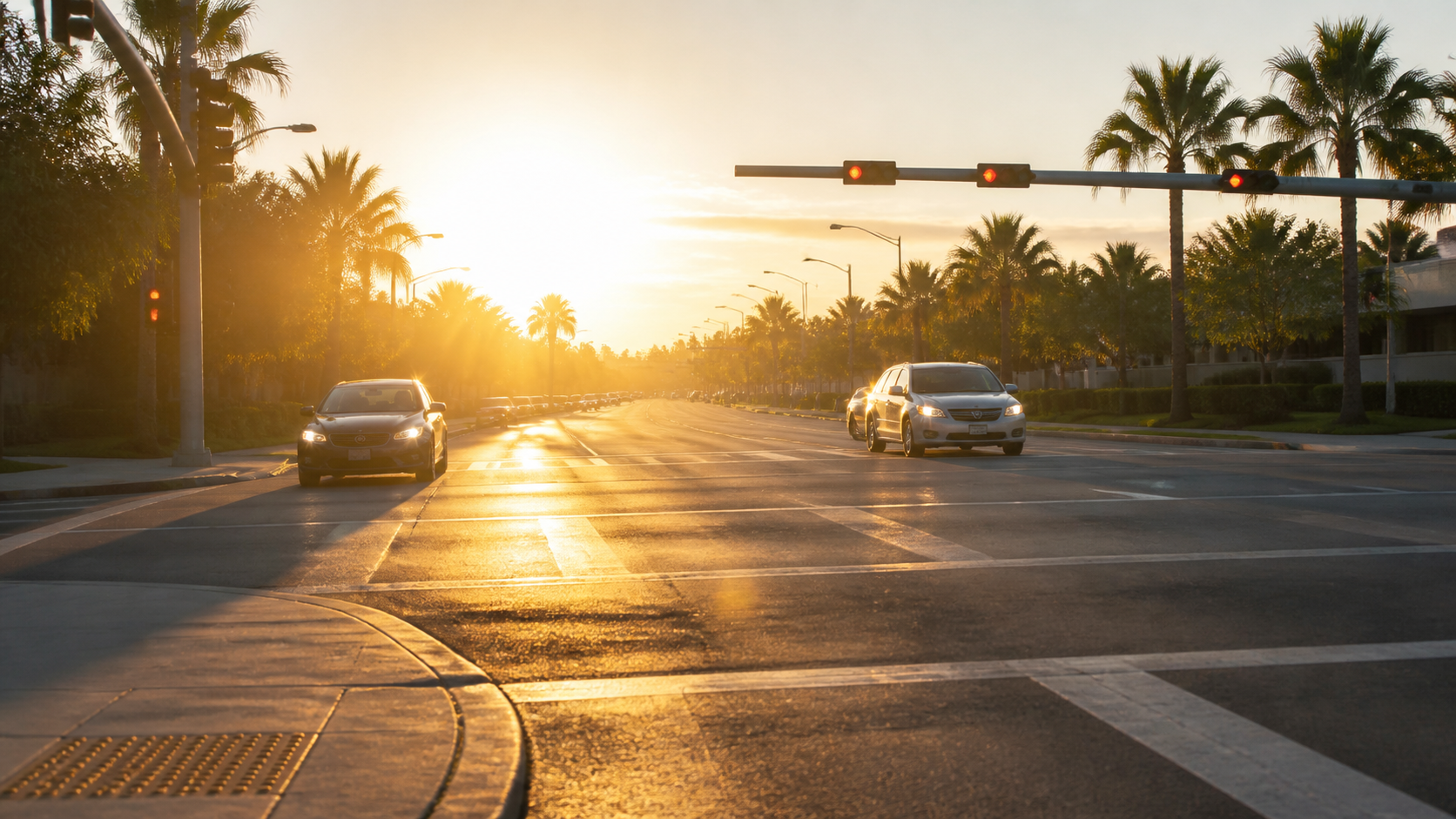 Sun glare accident claim scene at a bright Florida intersection during sunrise