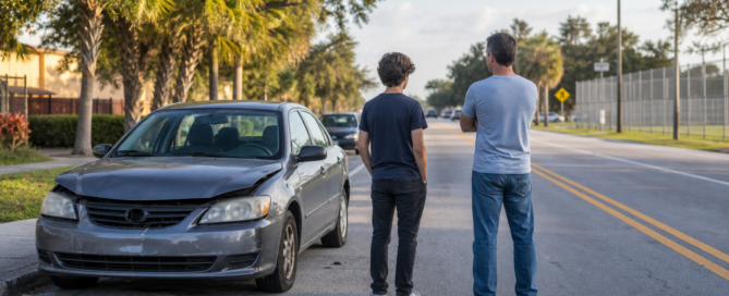 teen driver accident claim — teen driver and adult beside a damaged car on a Florida road