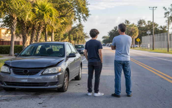 teen driver accident claim — teen driver and adult beside a damaged car on a Florida road