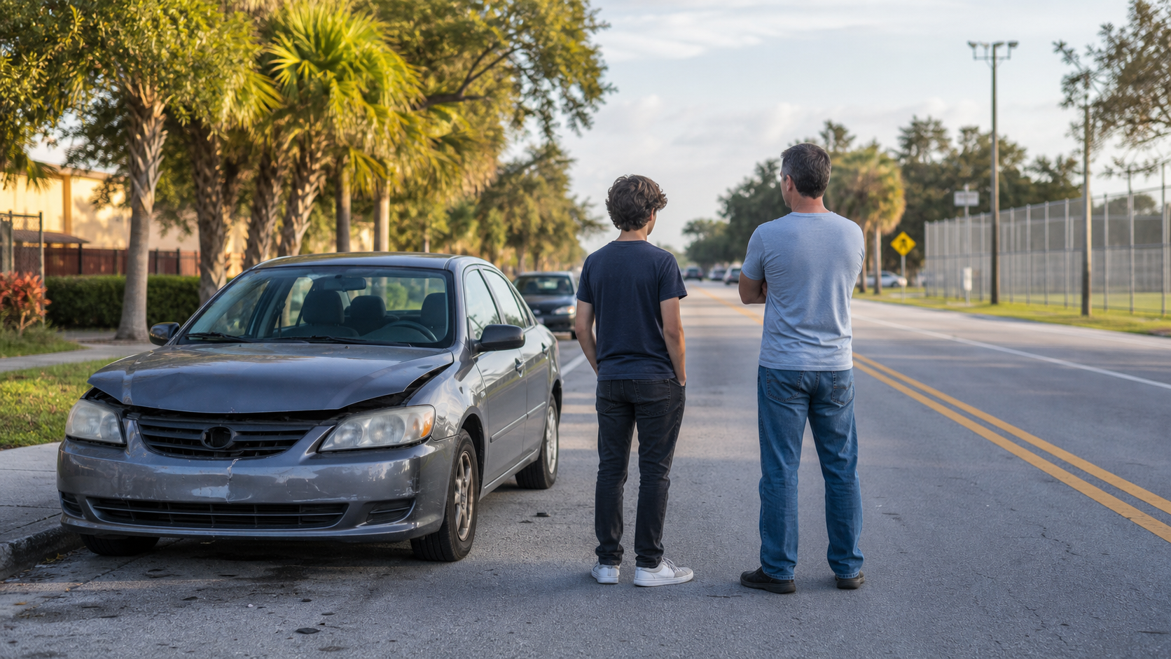 teen driver accident claim — teen driver and adult beside a damaged car on a Florida road