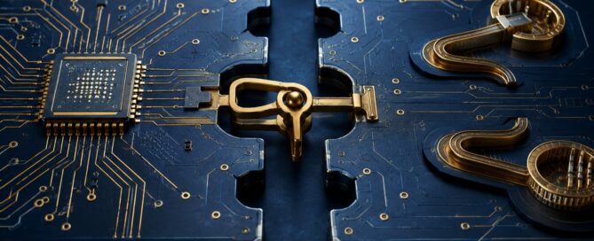 Interlocking circuit plates joined by a gold trigger mechanism, illustrating patent settlement contract obligations.