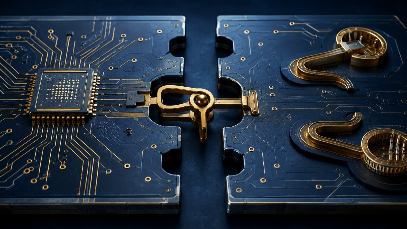 Interlocking circuit plates joined by a gold trigger mechanism, illustrating patent settlement contract obligations.