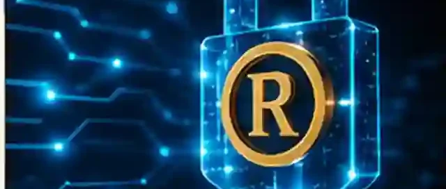 Editorial illustration of a glowing registered trademark symbol inside a digital lock, representing online brand protection.