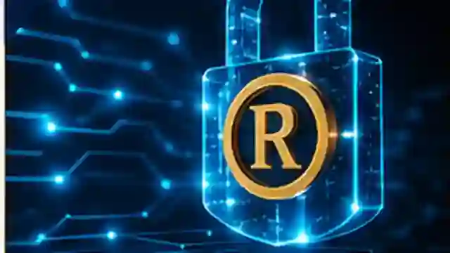 Editorial illustration of a glowing registered trademark symbol inside a digital lock, representing online brand protection.