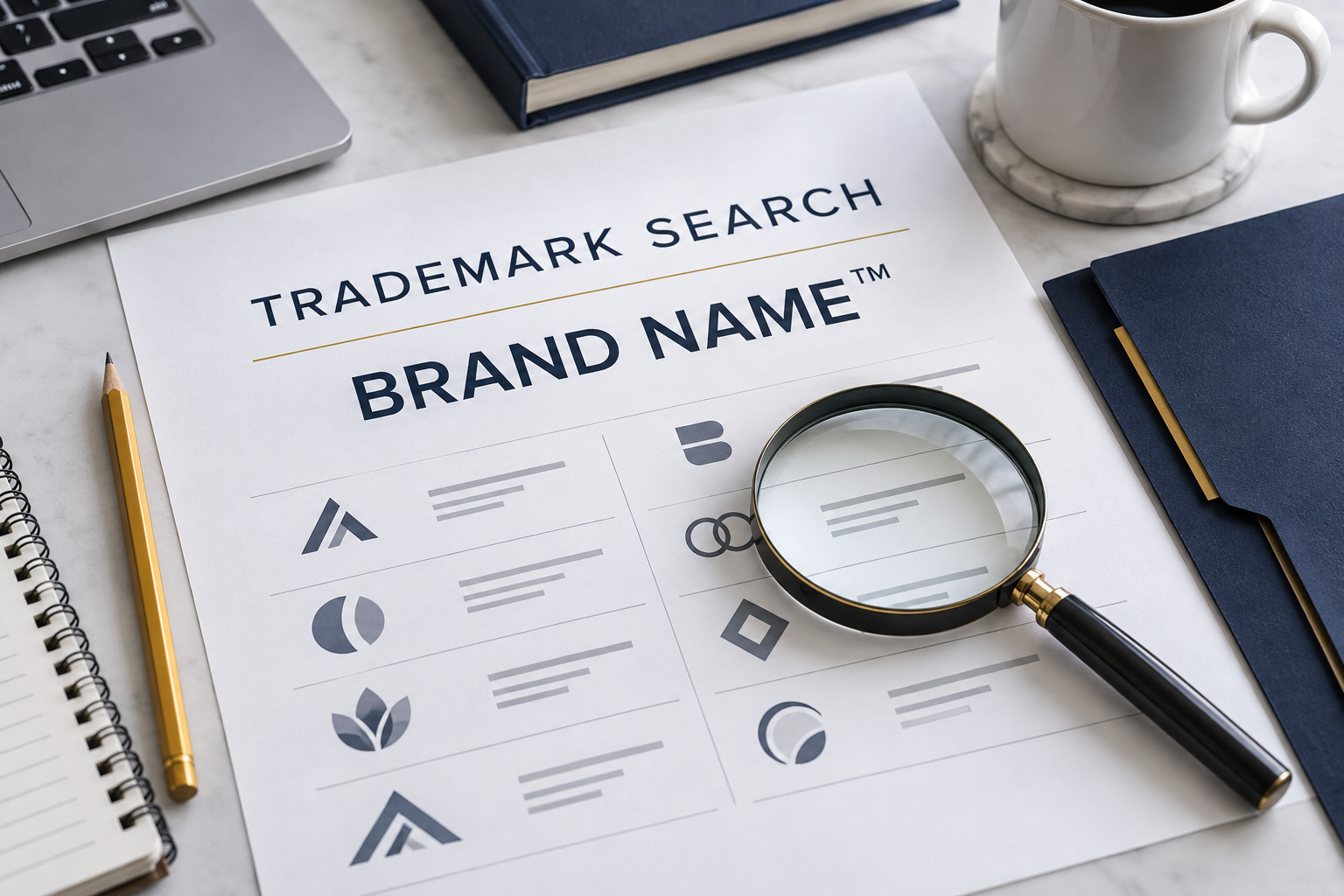 trademark-search-review Trademark search review with brand-name examples and a magnifying glass