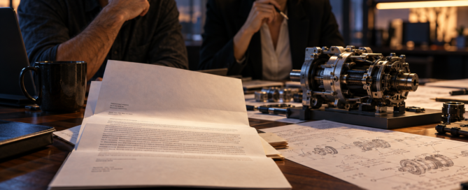 Business team reviewing a patent notice beside technical drawings and a mechanical prototype.