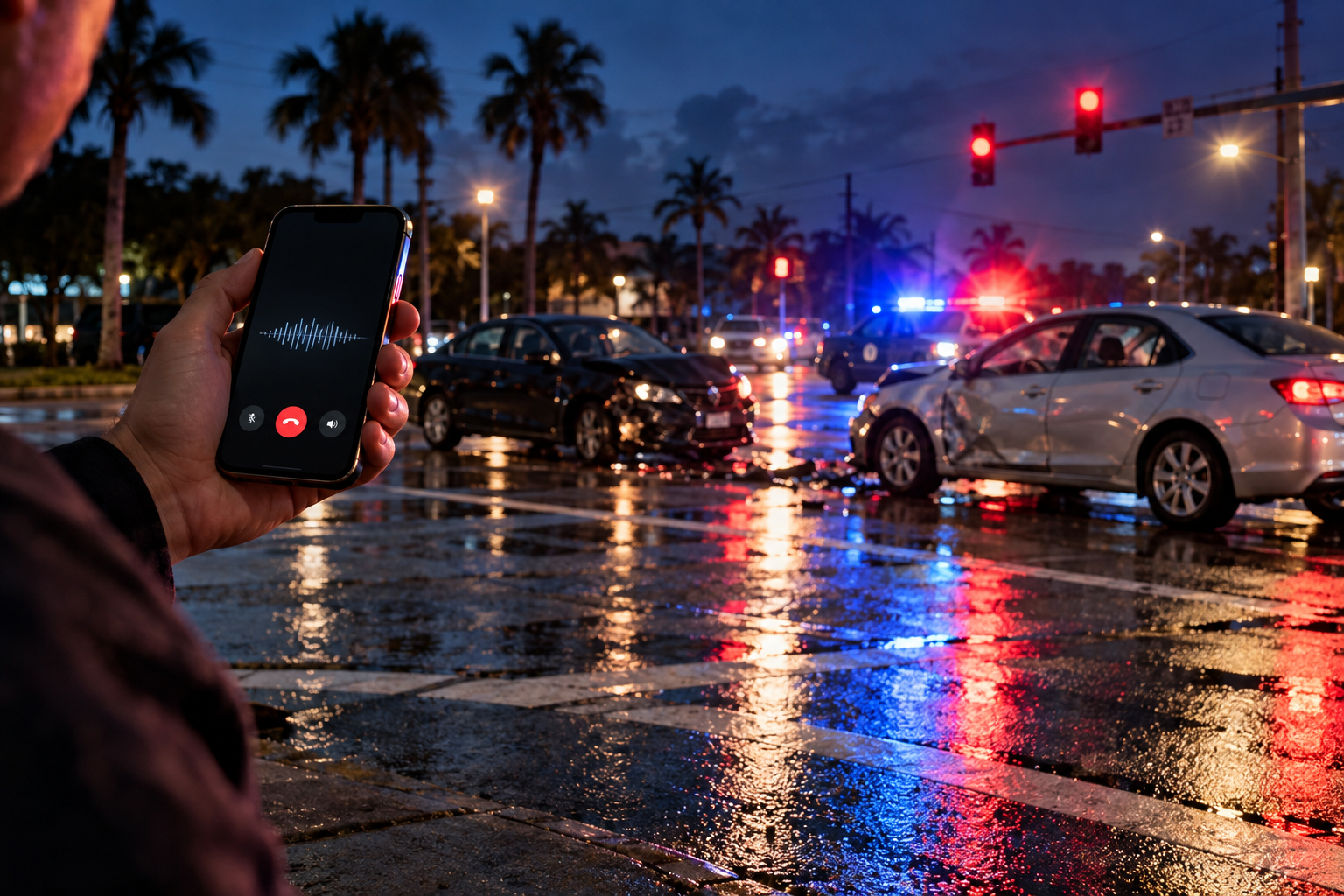 Bystander making an emergency call after a nighttime collision at a Florida intersection.