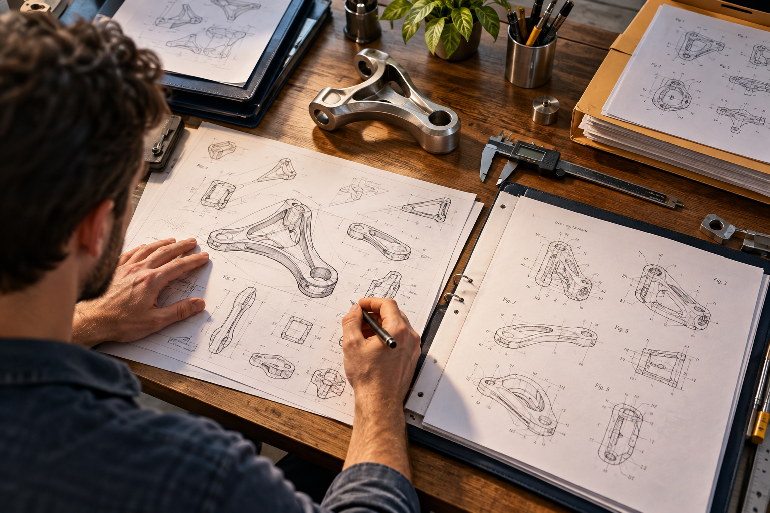 An engineer at a brightly lit product design bench compares original prototype sketches with a separate spread of existing patent drawings; a sculpted metal invention, calipers, and two clearly separate research folders dominate a layered overhead composition