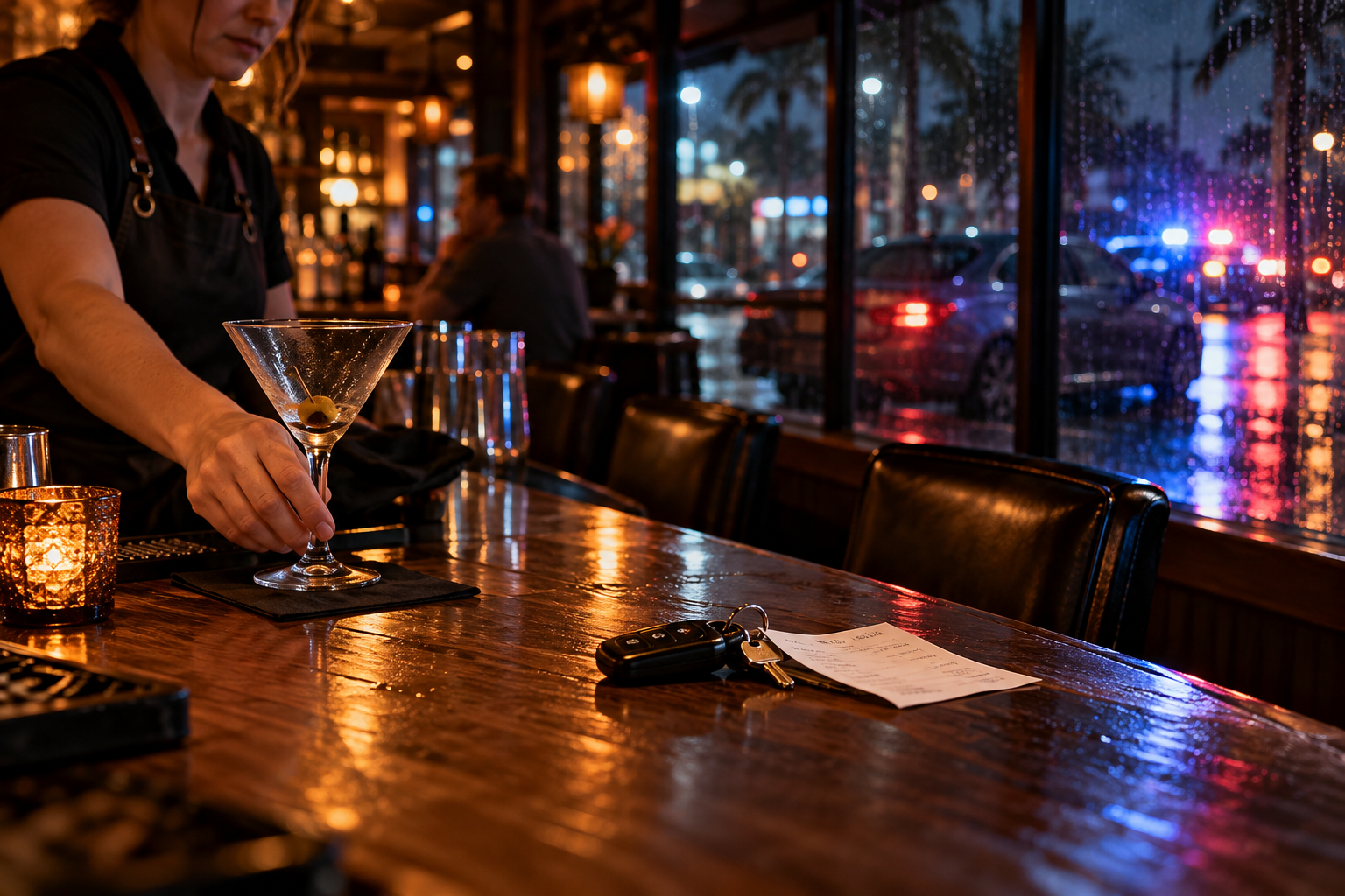 A moody Florida bar at closing time, bartender clearing an untouched cocktail glass in sharp foreground, car keys lying beside a receipt, rain-streaked window with a stopped car and distant police reflections beyond