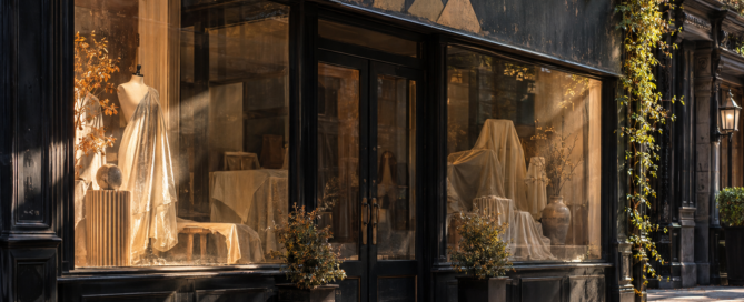 A once-vibrant boutique storefront with a faded original geometric sign, carefully covered merchandise and dusty display windows, one warm shaft of morning light revealing traces of an inactive brand