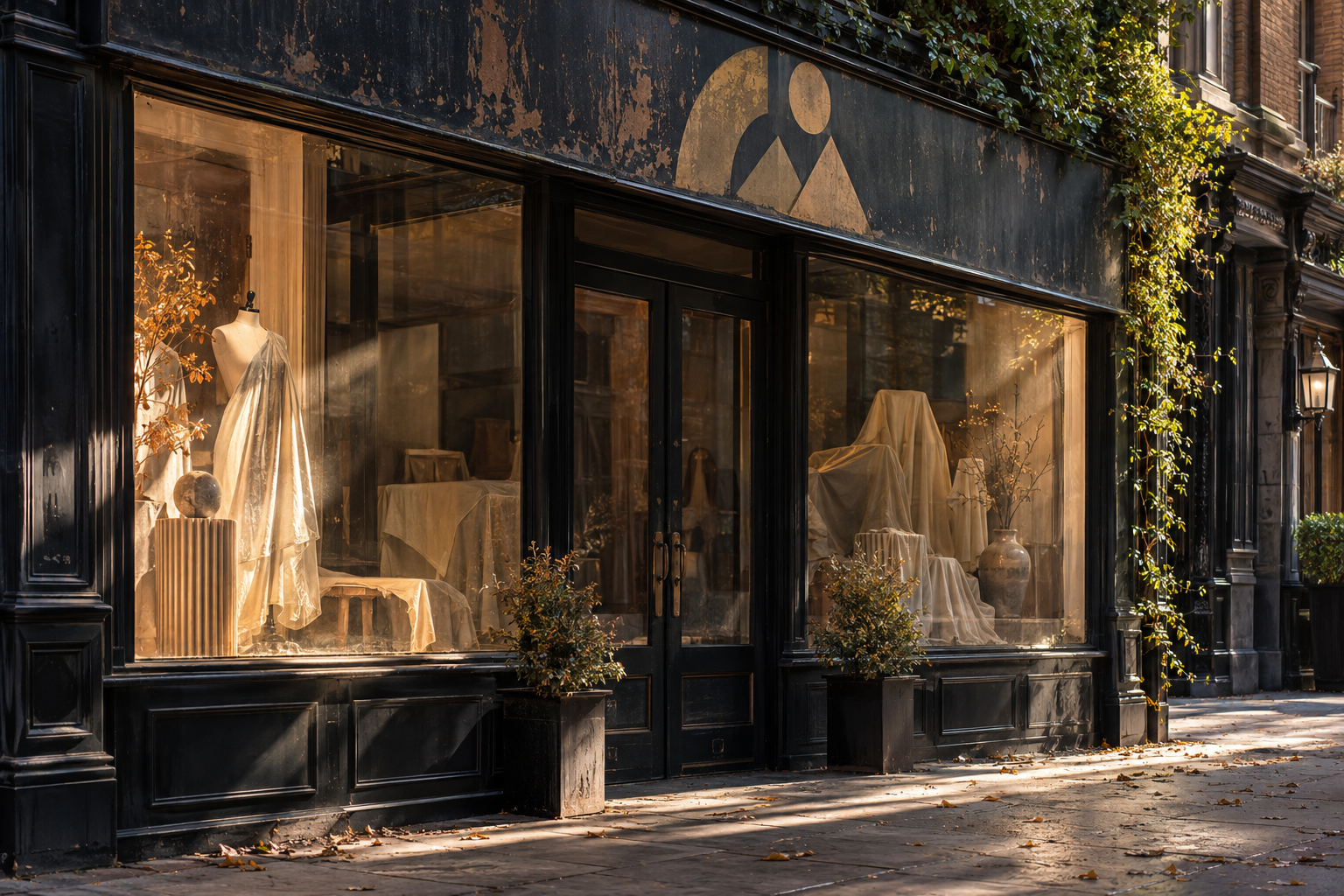 A once-vibrant boutique storefront with a faded original geometric sign, carefully covered merchandise and dusty display windows, one warm shaft of morning light revealing traces of an inactive brand