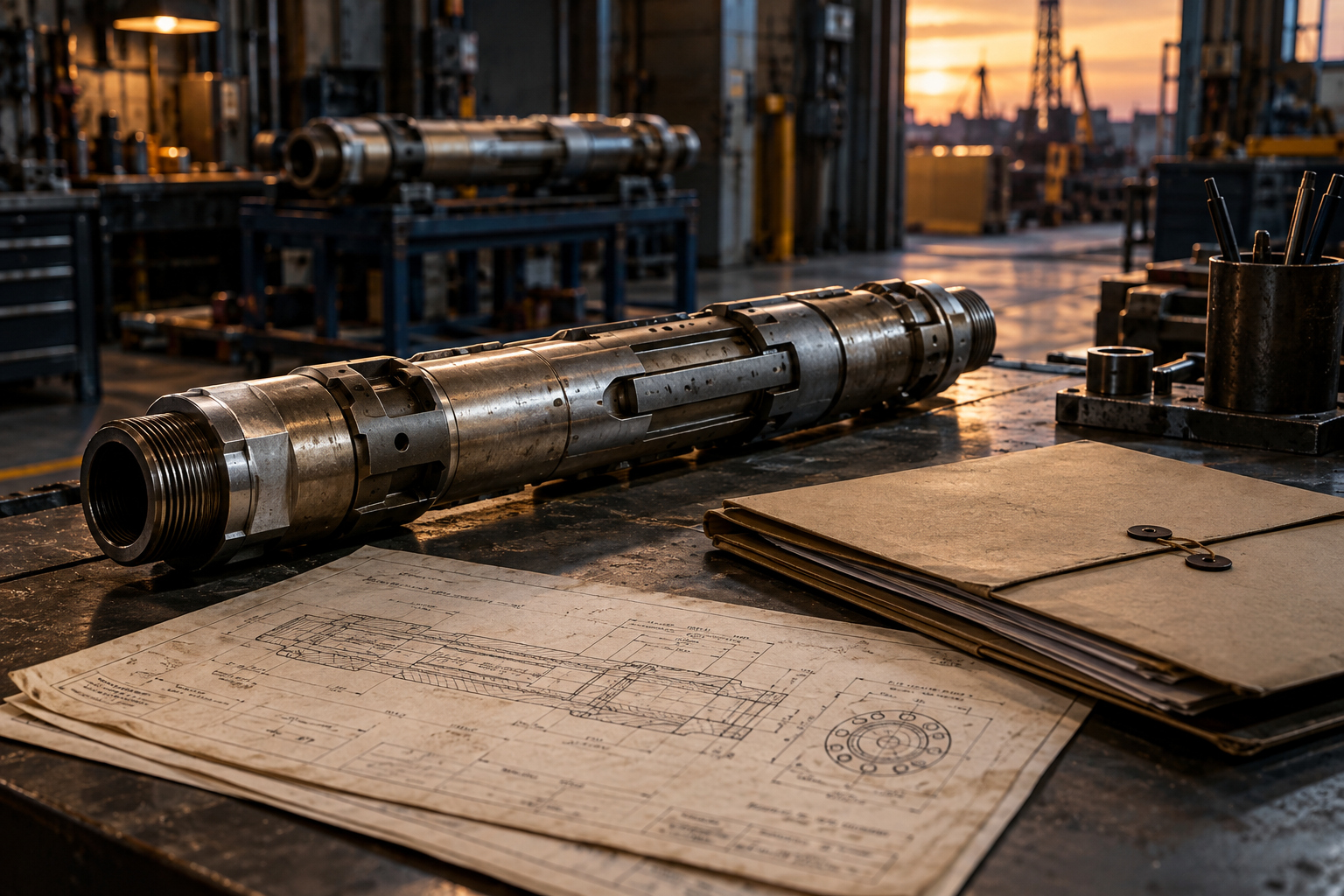 A precision oilfield metal tool on a private industrial sales table with a closed confidentiality folder and dated-looking technical drawings, a second similar tool in a distant workshop