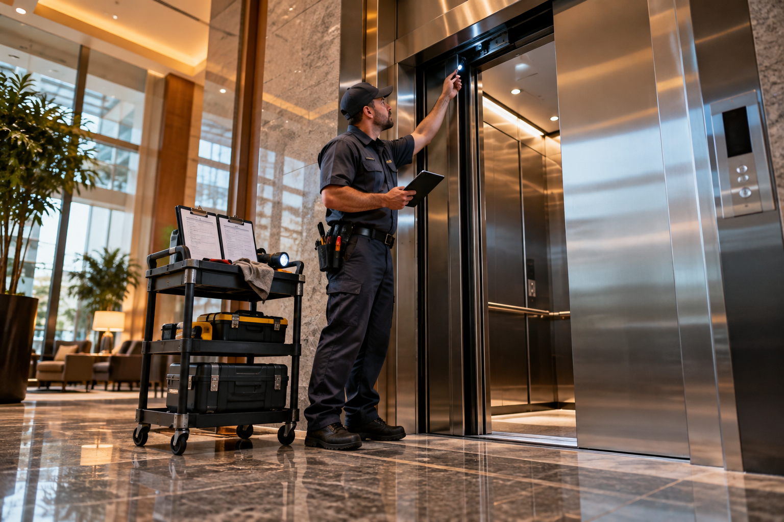 Low-angle architectural view of a modern elevator door partly open on an empty polished office lobby, maintenance technician examining the door sensor while inspection sheets, a flashlight, and service tools rest on a cart