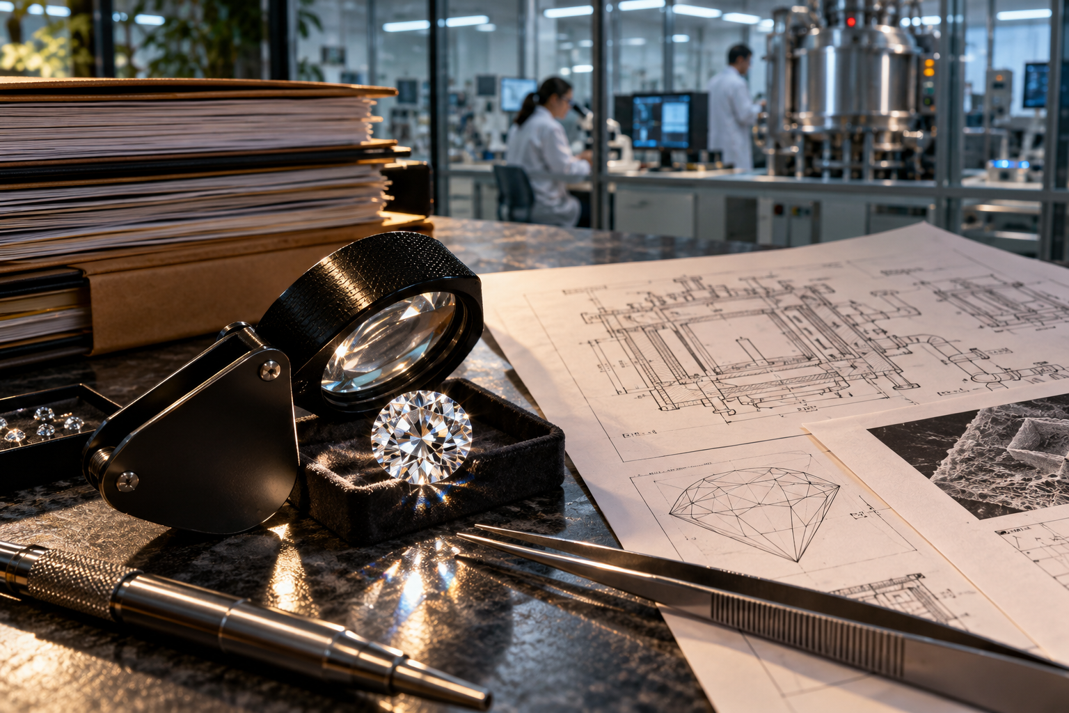 Macro editorial photograph of a brilliant lab-grown diamond under a jeweler's inspection loupe beside precision growth-equipment drawings and litigation folders